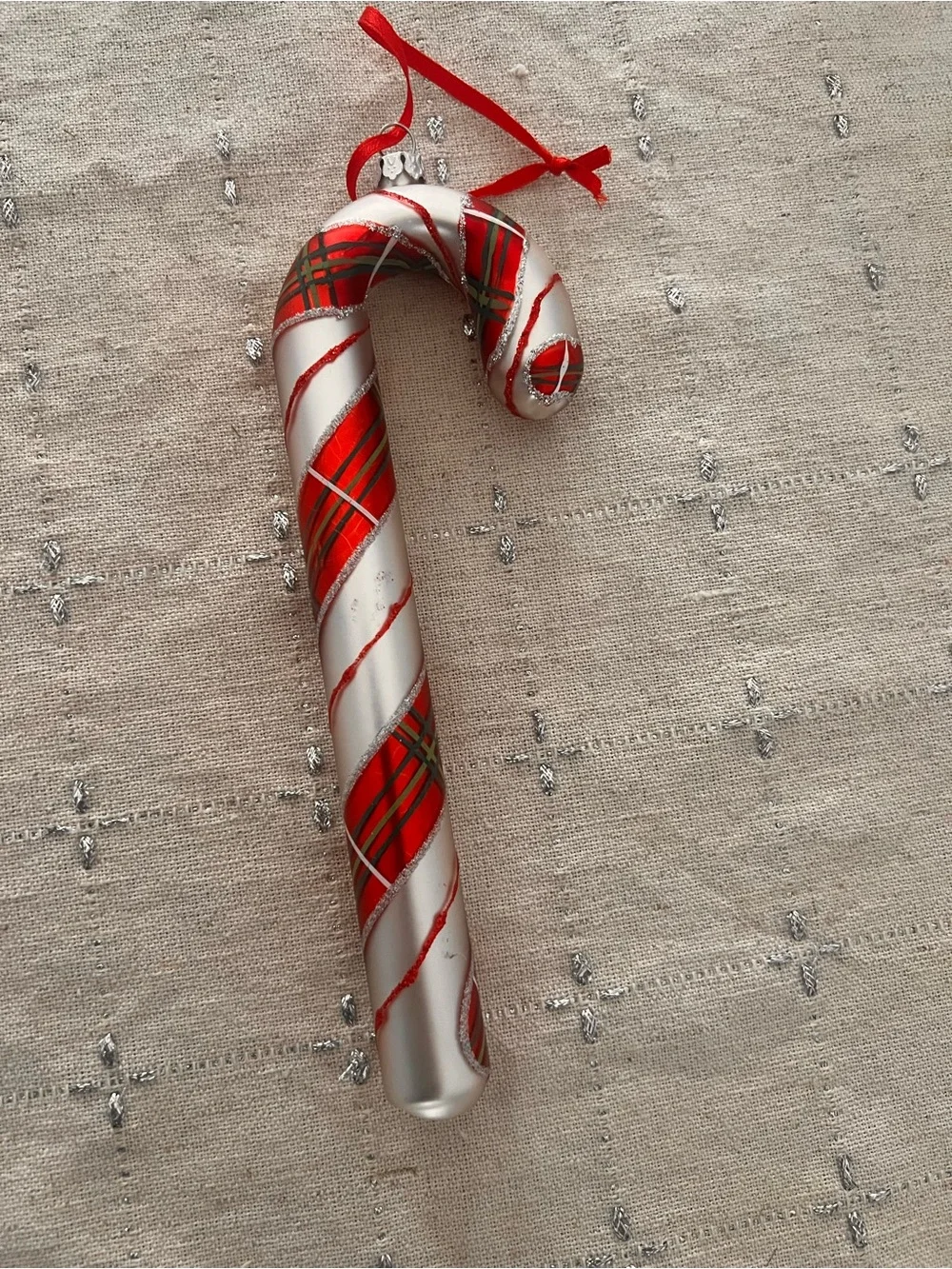 Vintage Hand Decorated Blown Large Candy Cane Ornament